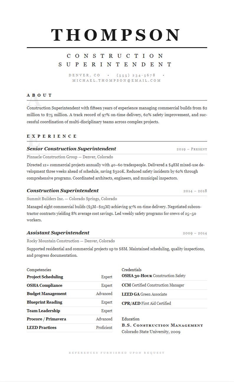 Typographic construction superintendent resume